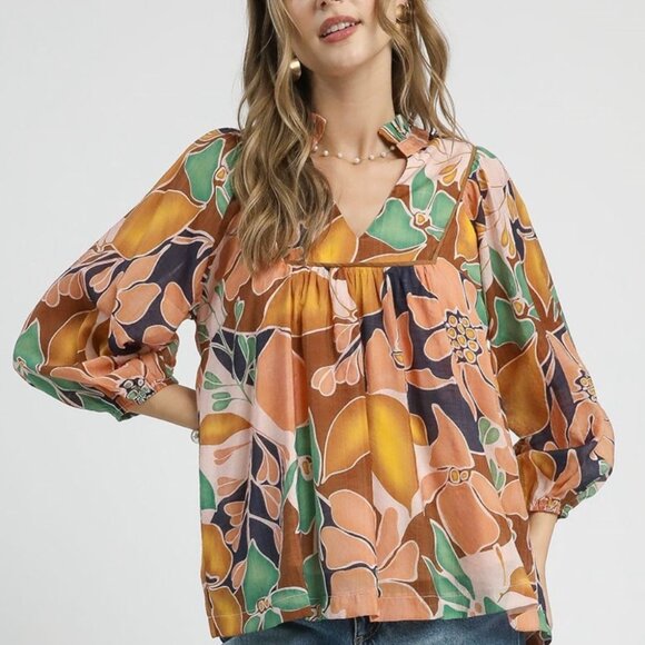 Umgee Tops - Umgee Multicolor Abstract Floral Print‎ Blouse with Ruffle Neck